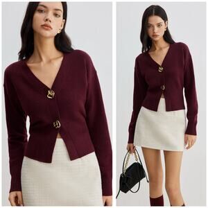 Commense Elegant Metal Button Short Cardigan Size XS Burgundy Cinched Waist Chic